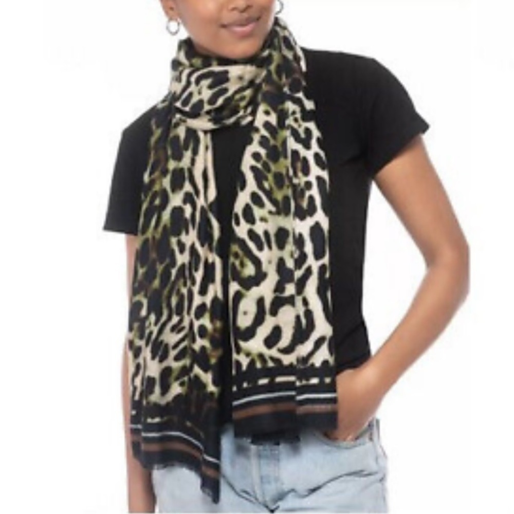 INC International Concepts Striped Leopard-Print Wrap Olive Pashmina Scarf Shawl